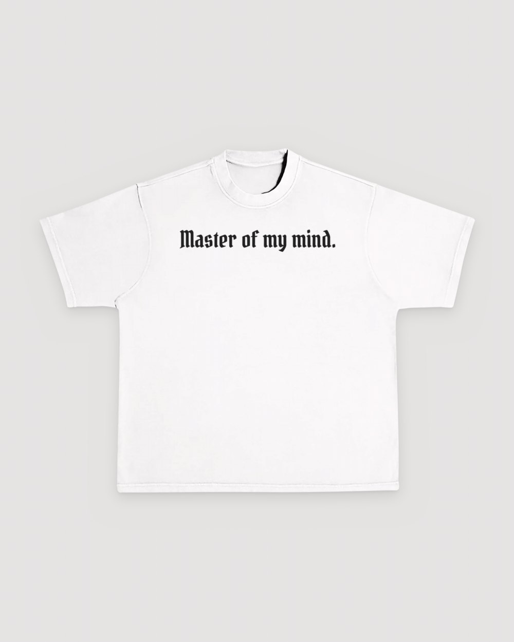 White oversized tee printed with master of my mind.